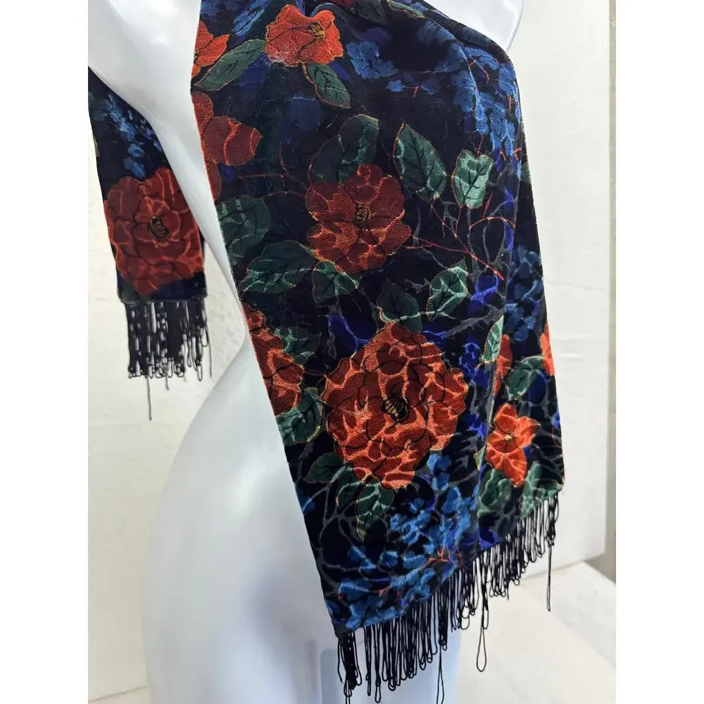 Vintage Art Deco Silk and Rayon Burnout Velvet Scarf with Fringed Ends